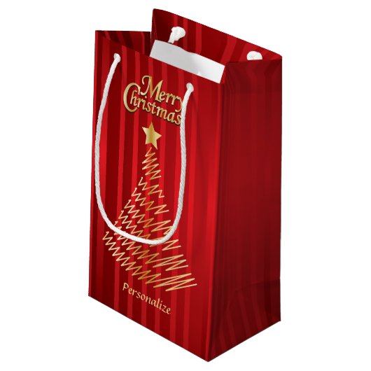 Vrolijk kerstfeestelijke rode en gouden boom klein cadeauzakje (Achterkant Gekanteld)
