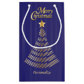 Vrolijk kerstfeestjes, donkerblauw en gouden bomen klein cadeauzakje (Achterkant)