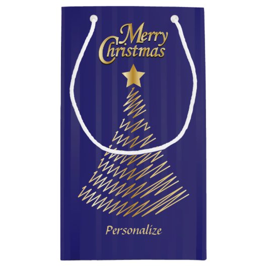 Vrolijk kerstfeestjes, donkerblauw en gouden bomen klein cadeauzakje (Achterkant)