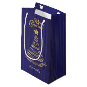 Vrolijk kerstfeestjes, donkerblauw en gouden bomen klein cadeauzakje (Voorkant Gekanteld)