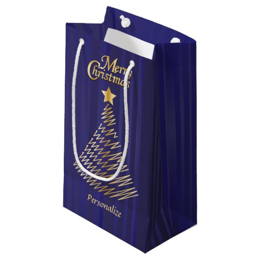 Vrolijk kerstfeestjes, donkerblauw en gouden bomen klein cadeauzakje (Voorkant Gekanteld)