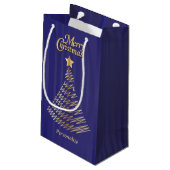 Vrolijk kerstfeestjes, donkerblauw en gouden bomen klein cadeauzakje (Achterkant Gekanteld)