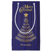 Vrolijk kerstfeestjes, donkerblauw en gouden bomen klein cadeauzakje (Voorkant)