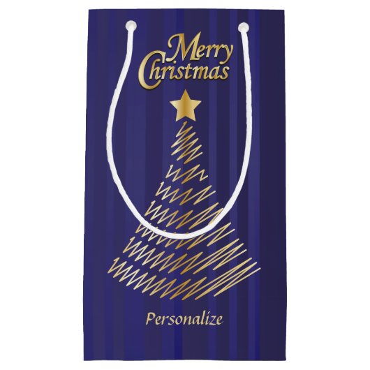 Vrolijk kerstfeestjes, donkerblauw en gouden bomen klein cadeauzakje (Voorkant)