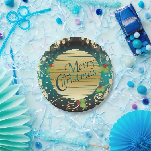 Vrolijk kerstfeestmaal Turquoise Blue en Gold Papieren Bordje (Feest)