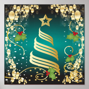 Vrolijk kerstfeestmaal Turquoise Blue en Gold Poster