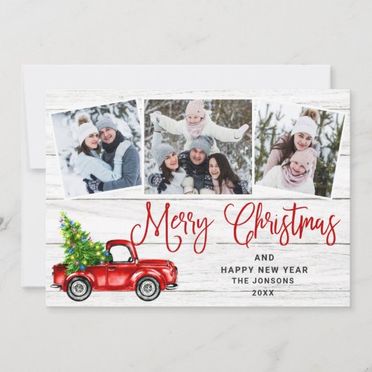 Vrolijk kerstfeestRood Boerderij 3 Foto Feestdagenkaart (Voorkant)