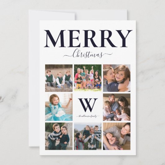 Vrolijk kerstfoto Collage Monogram Navy White Feestdagenkaart (Voorkant)