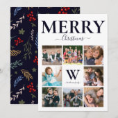 Vrolijk kerstfoto Collage Monogram Navy White Feestdagenkaart (Voorkant / Achterkant)