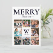 Vrolijk kerstfoto Collage Monogram Navy White Feestdagenkaart (Staand voorkant)