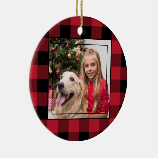 Vrolijk kerstfoto rood en zwarte buffelplaat keramisch ornament (Rechts)