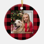 Vrolijk kerstfoto rood en zwarte buffelplaat keramisch ornament (Voorkant)