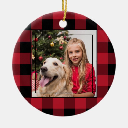 Vrolijk kerstfoto rood en zwarte buffelplaat keramisch ornament (Voorkant)