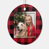 Vrolijk kerstfoto rood en zwarte buffelplaat keramisch ornament (Links)