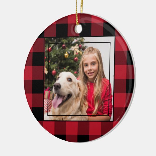 Vrolijk kerstfoto rood en zwarte buffelplaat keramisch ornament (Links)