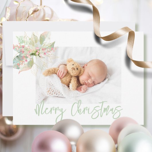 Vrolijk kerstfoto roze gouden pastel poinsettia feestdagenkaart