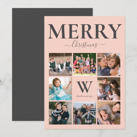 Vrolijk kerstfotocollage monogram roze grijs feestdagenkaart (Voorkant / Achterkant)