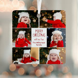 Vrolijk kerstfotocollage Schattige rood script Metalen Ornament<br><div class="desc">Dit leuke,  moderne Merry Christmas metal ornament heeft een stijlvolle lay-out van 6 familiefoto's op een witte achtergrond met  rode typografie. Dit prachtige kinder fotovakantiedecor is voorzien van de fotocollage van uw eigen kind rond uw feestelijke boodschap en familienaam in het rood.</div>