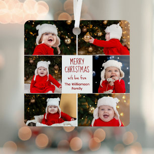 Vrolijk kerstfotocollage Schattige rood script Metalen Ornament