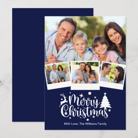 Vrolijk kerstfotofeest Blauw White Feestdagenkaart (Voorkant / Achterkant)