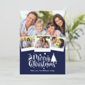 Vrolijk kerstfotofeest Blauw White Feestdagenkaart (Staand voorkant)