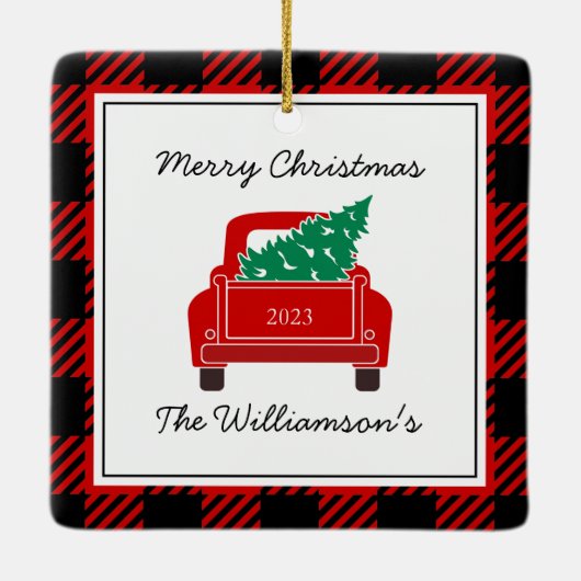 Vrolijk kerstfotojaar Naam Rode vrachtwagenboom Keramisch Ornament (Achterkant)