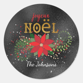 Vrolijk kerstFrans zwart glas Glitter Ronde Sticker