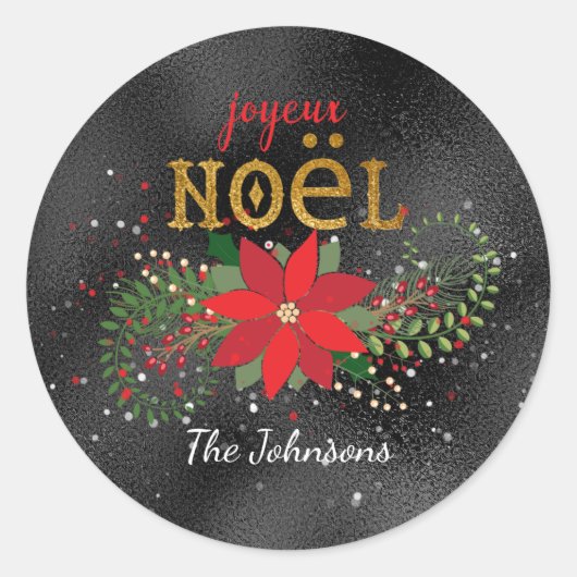 Vrolijk kerstFrans zwart glas Glitter Ronde Sticker (Voorkant)