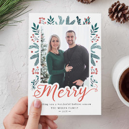 Vrolijk kerstgebaar Berry Holly en Pine Foto Feestdagenkaart