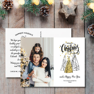 Vrolijk kerstgebaar met foto's Festive Gold Black Briefkaart