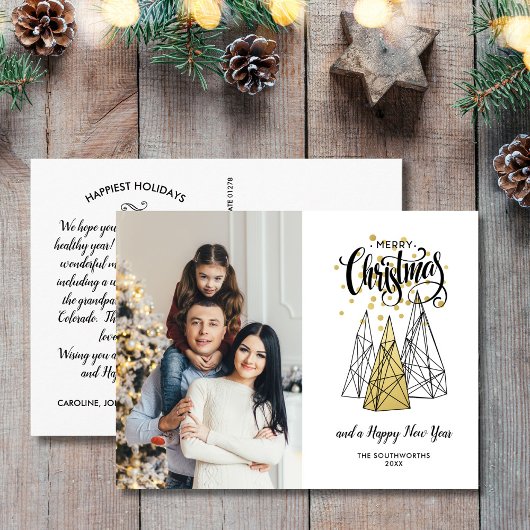 Vrolijk kerstgebaar met foto's Festive Gold Black Briefkaart