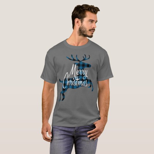 Vrolijk kerstgebaar op Blauwe Zwarte Buffalo Check T-shirt (Voorkant volledig)