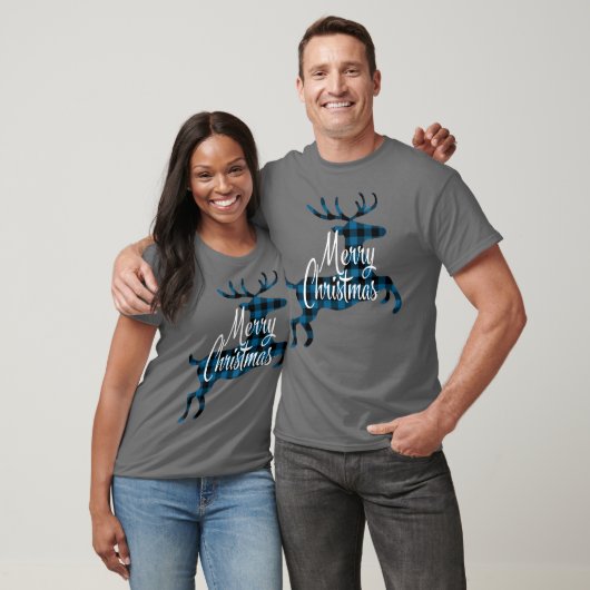 Vrolijk kerstgebaar op Blauwe Zwarte Buffalo Check T-shirt (Unisex)
