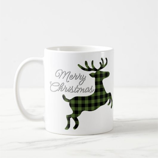 Vrolijk kerstgebaar op groene zwarte buffelcheque koffiemok (Links)