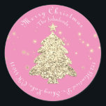 Vrolijk kerstgebaar RSVP Goud Roze Ronde Sticker<br><div class="desc">Het kerstbrandende Decor Delicate manuscript kenmerkt dit ontwerp. florenceK</div>