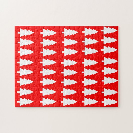 Vrolijk kerstgebaar witte bomen rood legpuzzel (Horizontaal)