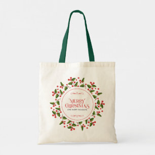 Vrolijk kerstgebaren met rode bessen tote bag