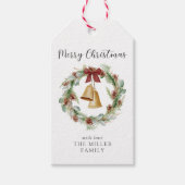 Vrolijk kerstgebladerte krans met gouden klokken cadeaulabel (Voorkant)