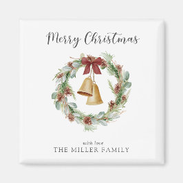 Vrolijk kerstgebladerte krans met gouden klokken magneet