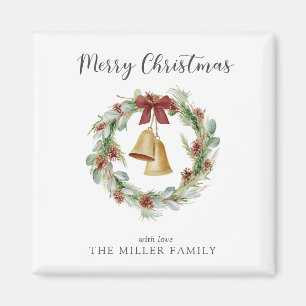 Vrolijk kerstgebladerte krans met gouden klokken magneet