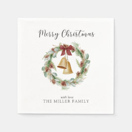 Vrolijk kerstgebladerte krans met gouden klokken servet