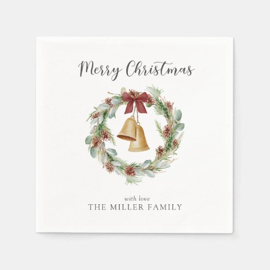Vrolijk kerstgebladerte krans met gouden klokken servet (Voorkant)