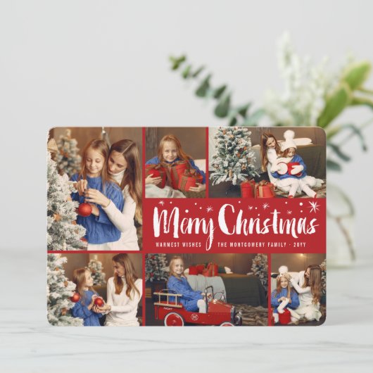 Vrolijk kerstgeborsteld Manuscript Stars Modern 6  Feestdagenkaart (Staand voorkant)