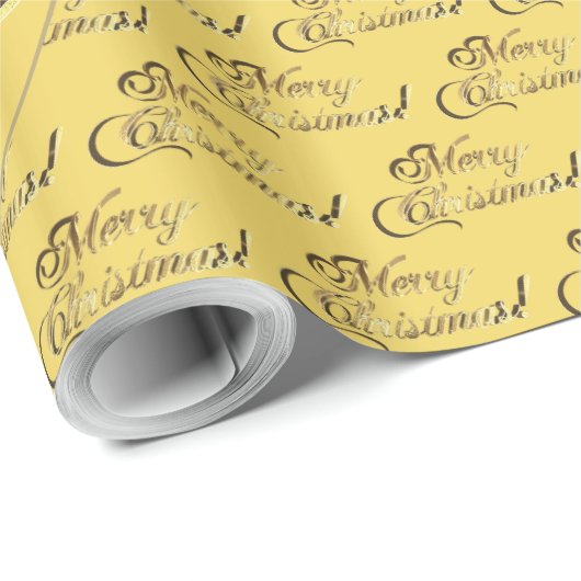 Vrolijk kerstgeel Elegant Faux Gold Script Cadeaupapier (Rol Hoek)