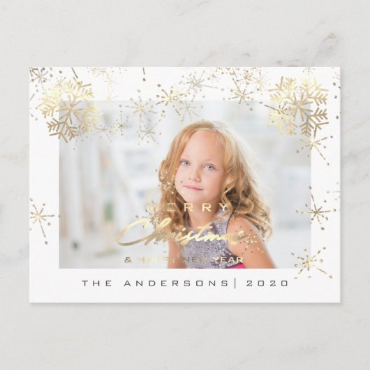Vrolijk kerstgelukkig jaar Gold Sneeuwwitfoto Briefkaart (Voorkant)