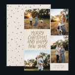 Vrolijk kerstgelukkig Nieuwjaar 4 Foto Collage Feestdagenkaart<br><div class="desc">Deze stijlvolle 4-fotovakantiekaart is uitgerust met een handgeschreven stijlgroet en een fotocollage. Het omgekeerde kenmerkt een drijvend puntpatroon. Alle kleuren zijn aanpasbaar.</div>