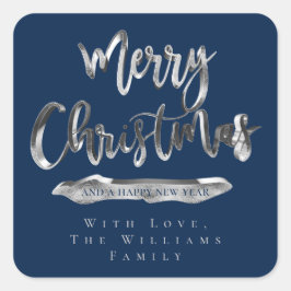 Vrolijk kerstgelukkig nieuwjaar elegante blauwe zi vierkante sticker