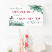 Vrolijk kerstgelukkig nieuwjaar Holly Mistletoe Spandoek (Insitu)