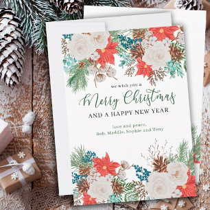 Vrolijk kerstgelukkig nieuwjaar Poinsettia en Pine Feestdagenkaart