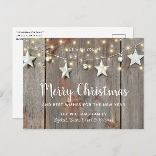 Vrolijk kerstgerechten en lantaarns op hout briefkaart (Voorkant / Achterkant)